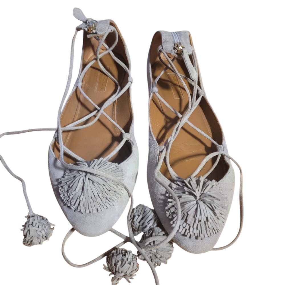 women's Aquazzura grey suede fats w/pompoms sz 39(8)